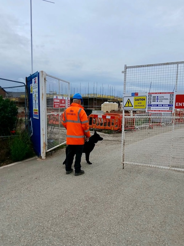 DMS dog handler with a guard dog at a site entrance